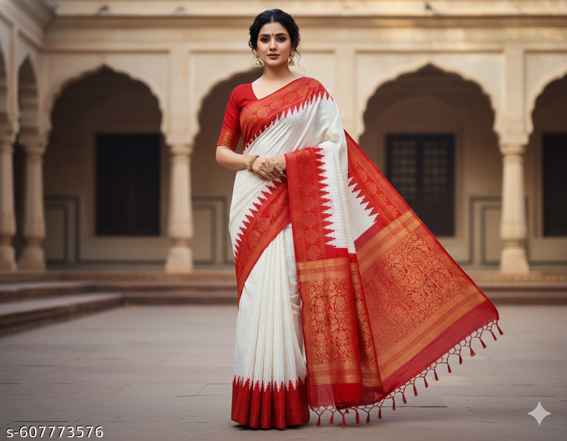 Traditional Handwoven Silk Saree – Red & White Elegance